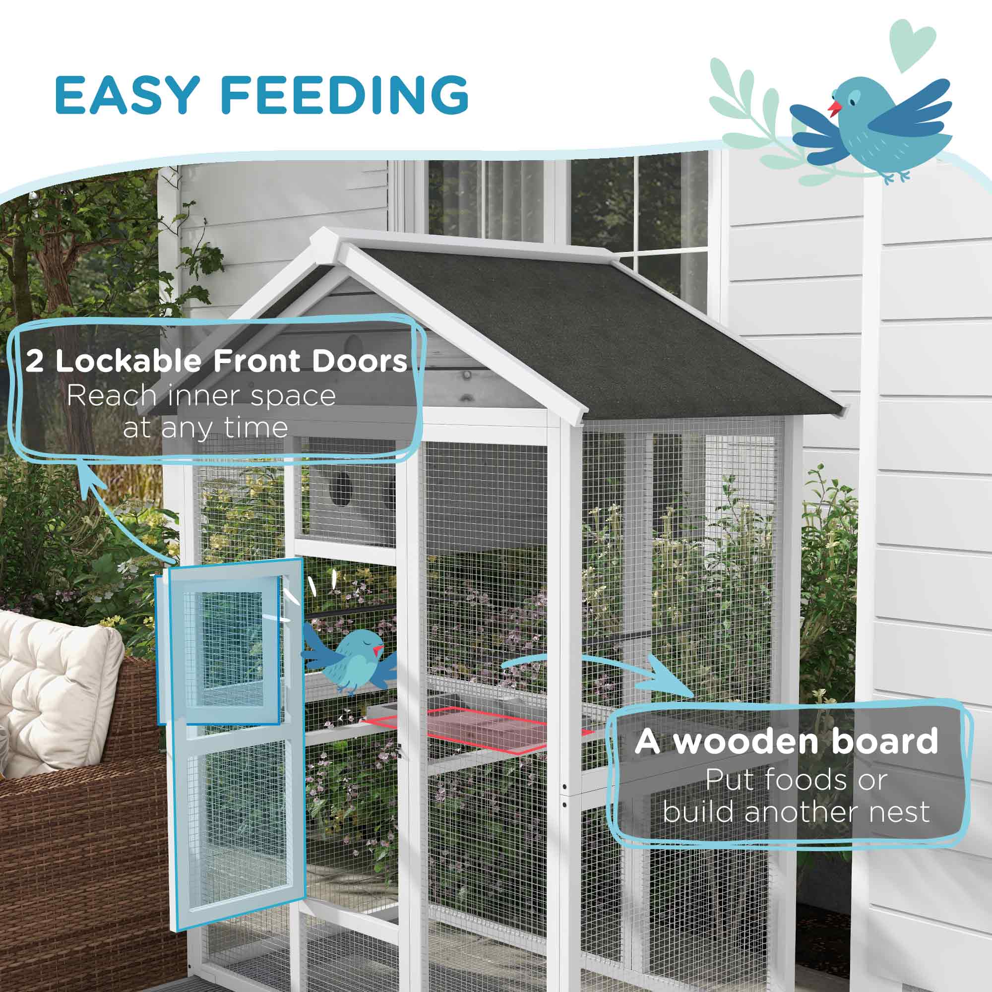 PawHut 65" Bird Cage Large 2 Doors Wooden Aviary for Canary with Standing Pole Nest Slide-out Tray, for Indoor Outdoor, Grey