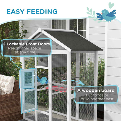 PawHut 65" Bird Cage Large 2 Doors Wooden Aviary for Canary with Standing Pole Nest Slide-out Tray, for Indoor Outdoor, Grey