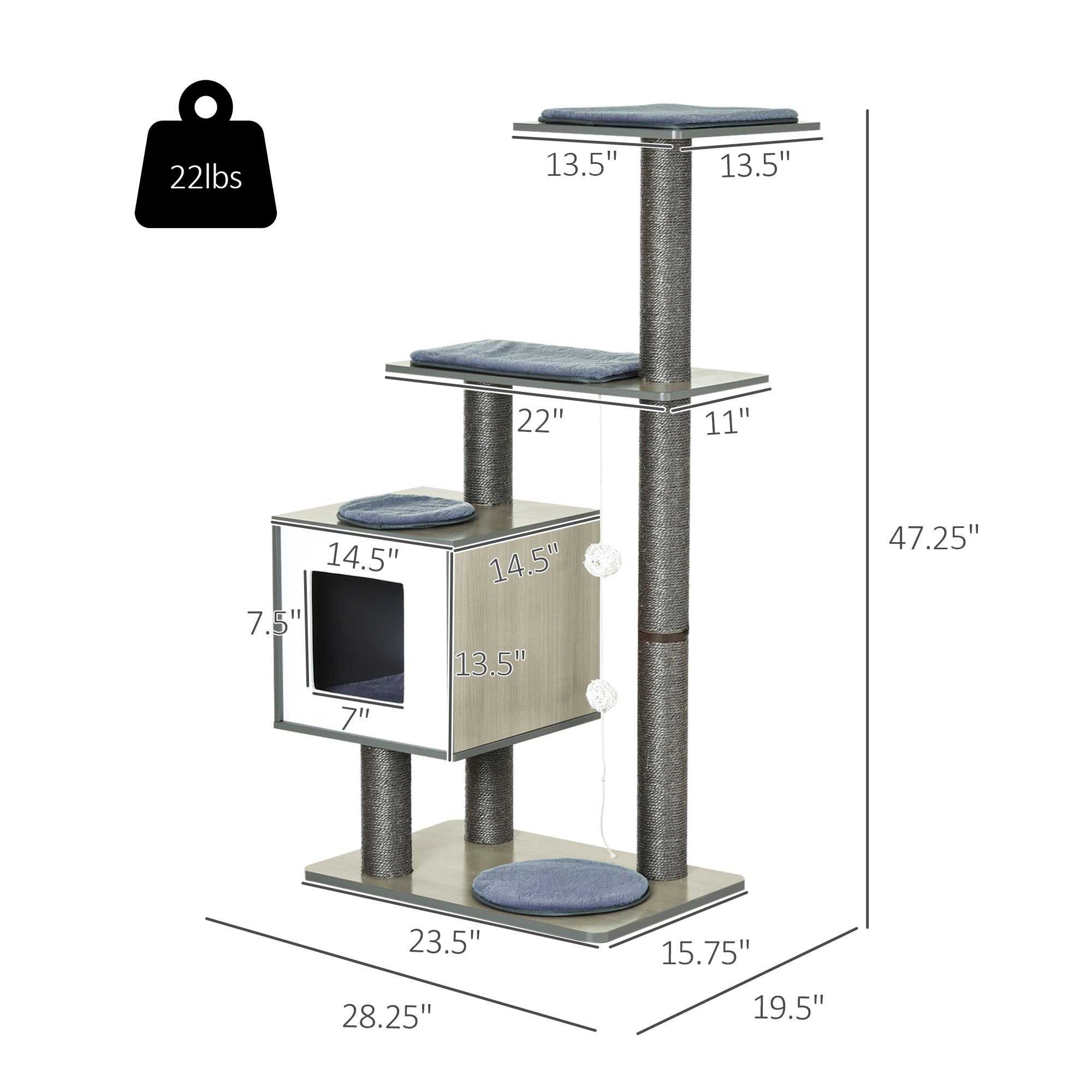 PawHut 47.2" Cat Tree, Kitten Scratcher, Activity Center, Play House with Condo Sisal, Scratching Post, and Mat - Grey