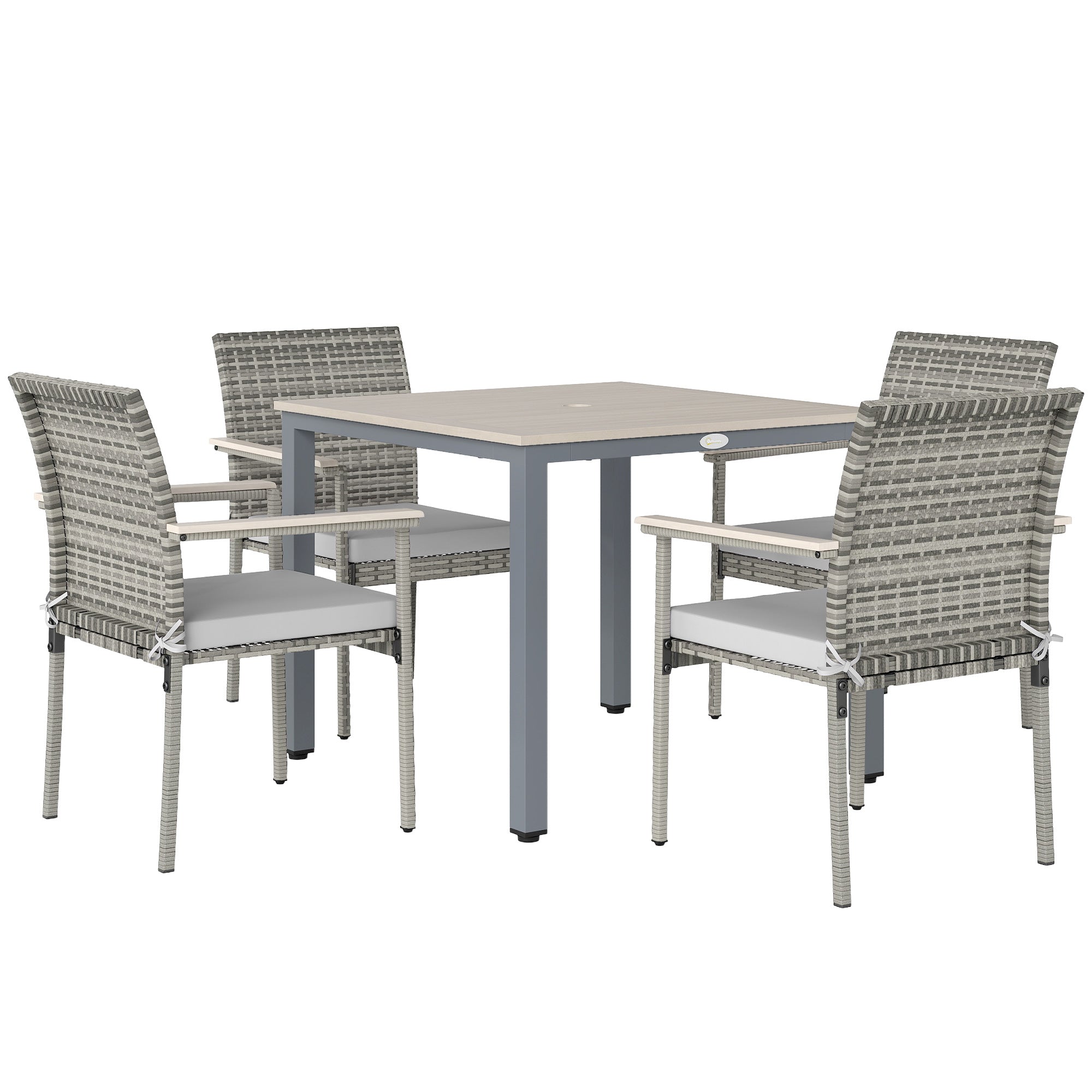 Outsunny 5 Pieces Wicker Outdoor Furniture Set, Rattan Patio Dining Set with Cushions, Umbrella Hole for Garden Backyard, Grey