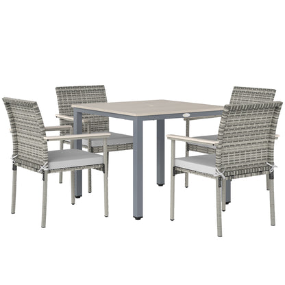 Outsunny 5 Pieces Wicker Outdoor Furniture Set, Rattan Patio Dining Set with Cushions, Umbrella Hole for Garden Backyard, Grey