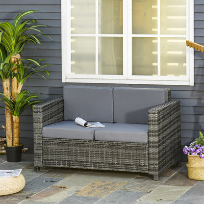 Outsunny 2 Seat Patio Loveseat Deluxe Wicker Sofa Chair Outdoor Rattan Furniture Couch All Weather with Cushion for Balcony, Deck, Garden and Poolside, Grey