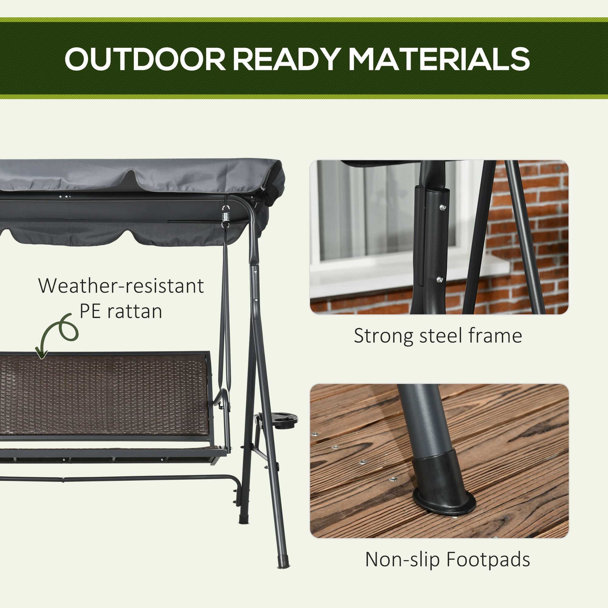 Outsunny 3-Seat Patio Swing Chair, Outdoor Canopy Swing Glider with Adjustable Shade, Rattan Seat and Steel Frame, for Porch, Garden, Poolside, Dark Grey
