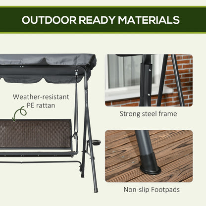 Outsunny 3-Seat Patio Swing Chair, Outdoor Canopy Swing Glider with Adjustable Shade, Rattan Seat and Steel Frame, for Porch, Garden, Poolside, Dark Grey