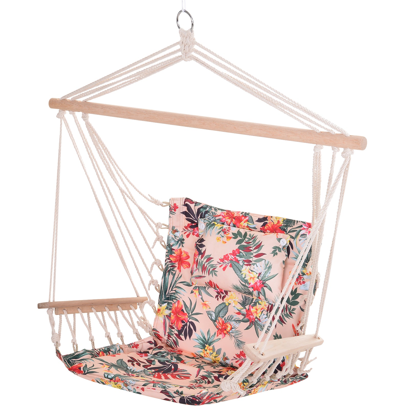 Outsunny Patio Hammock Chair, Portable Hanging Cotton Rope Hammock Swing Chair Sleeping Bed Seat with Armrest for Outdoor Garden Yard Camping Multicolor
