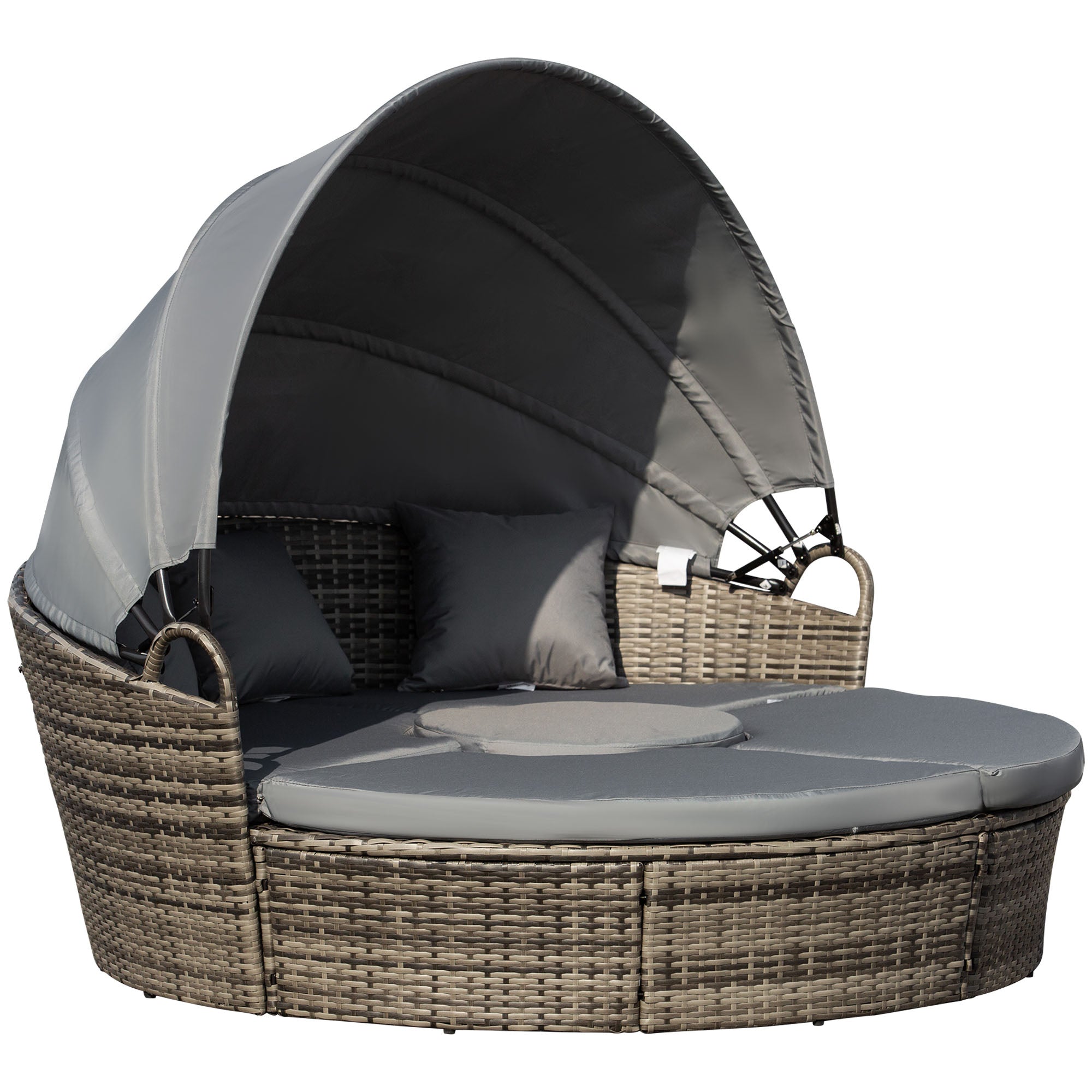 Outsunny 4 Pieces Outdoor Daybed with Retractable Canopy, PE Rattan Wicker Round Sofa Day Bed, Patio Sectional  Conversation Furniture Set with Cushions and Pillows, Grey