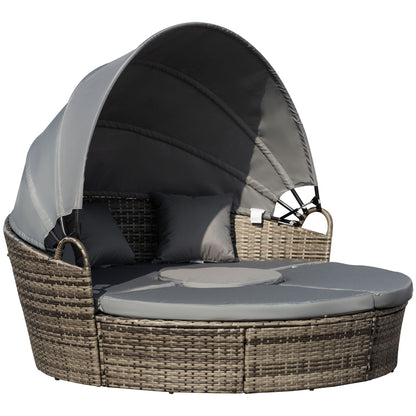 Outsunny 4 Pieces Outdoor Daybed with Retractable Canopy, PE Rattan Wicker Round Sofa Day Bed, Patio Sectional  Conversation Furniture Set with Cushions and Pillows, Grey
