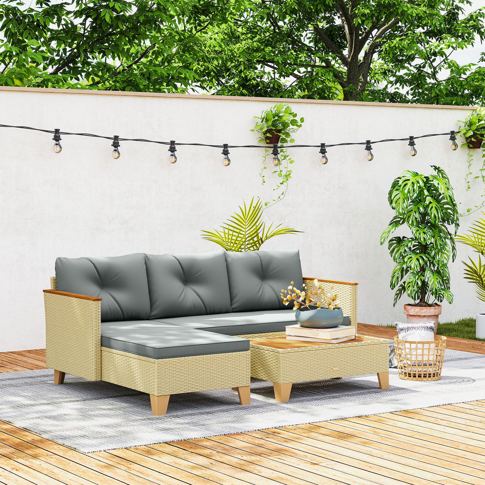 Outsunny 3 Piece Patio Furniture Set, L-Shaped Outdoor Furniture Conversation Set with Wood Top Coffee Table, Light Grey