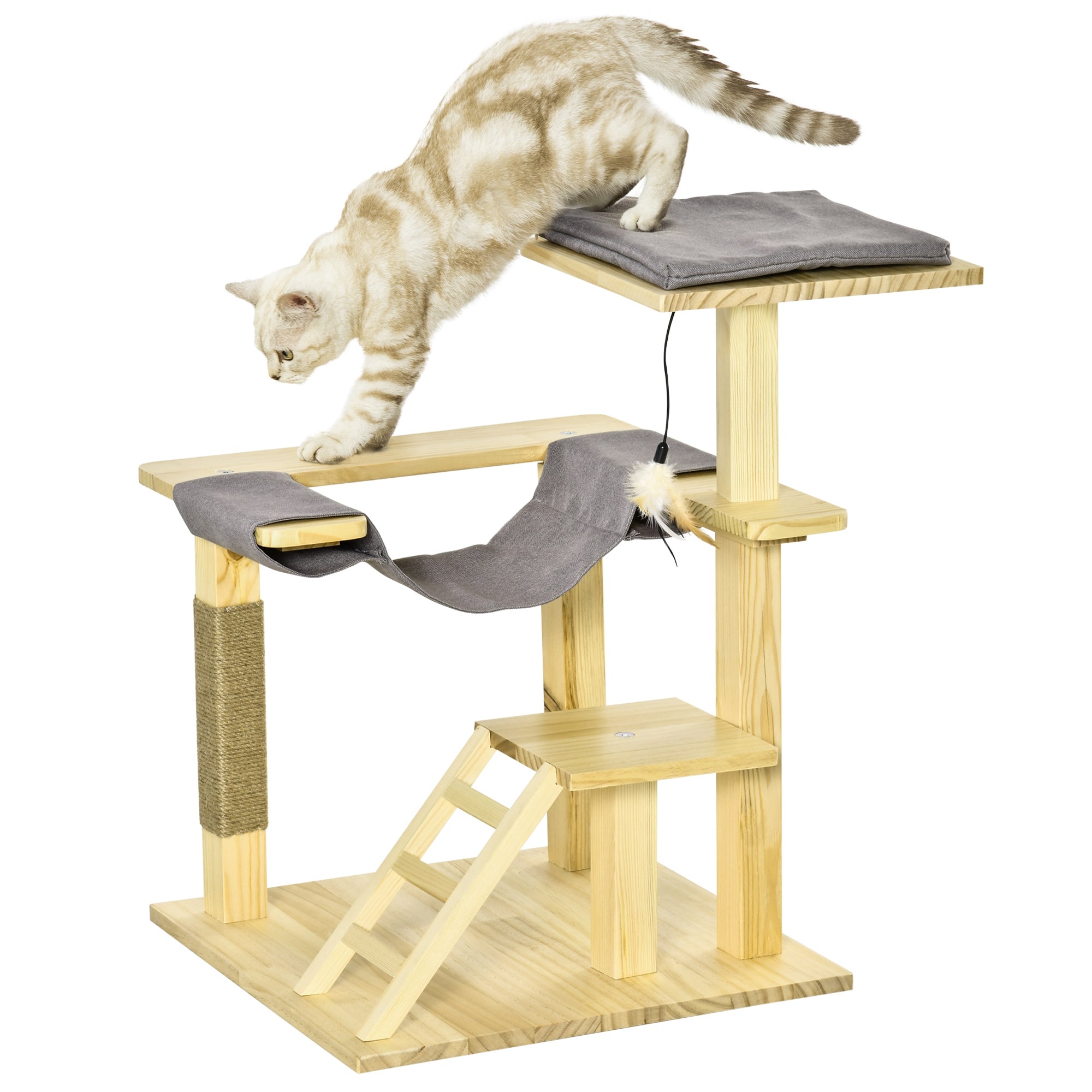 PawHut 25.5" Cat Tree Kitty Activity Center Pinewood Cat Climbing Toy Indoor Outdoor Pet Furniture with Jute Scratching Post Bed Perch Hanging Toy Ladder Cushion Natural