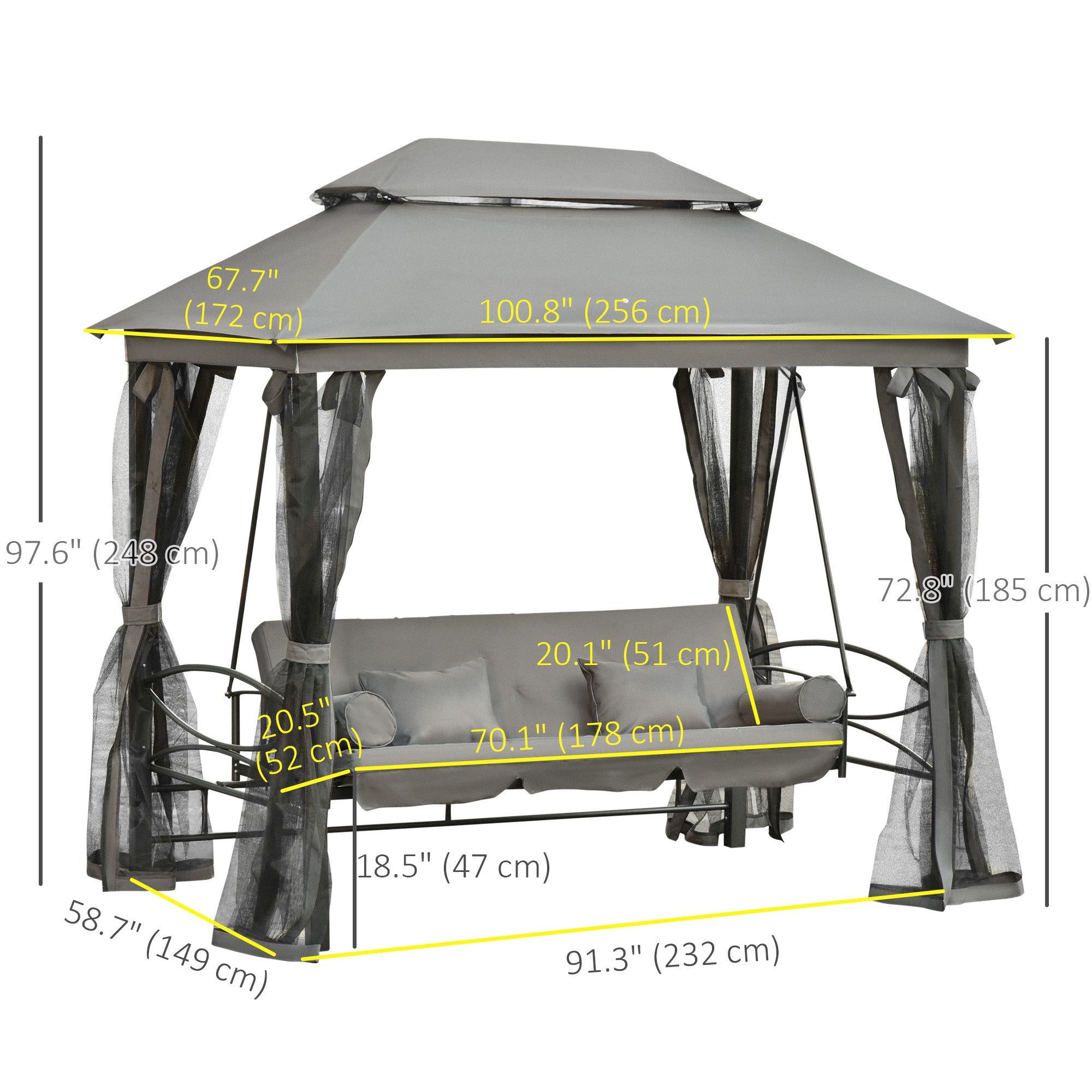 Outsunny 3 Person Outdoor Patio Daybed, 3 in 1 Canopy Gazebo Swing Chair Garden Hammock with Sun Shade, Mesh Mosquito and Net, Dark Grey