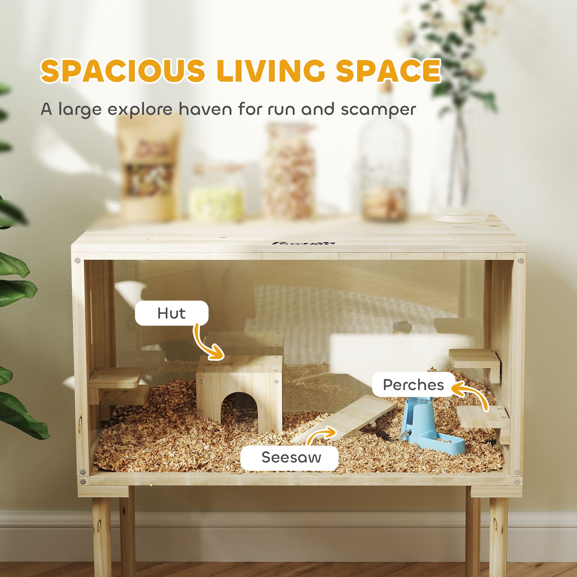 PawHut 28"L Wooden Hamster Cage with Seesaw, Water Bottle, Food Dish, Hut, Transparent Panel for Easy Observe, Nature Wood