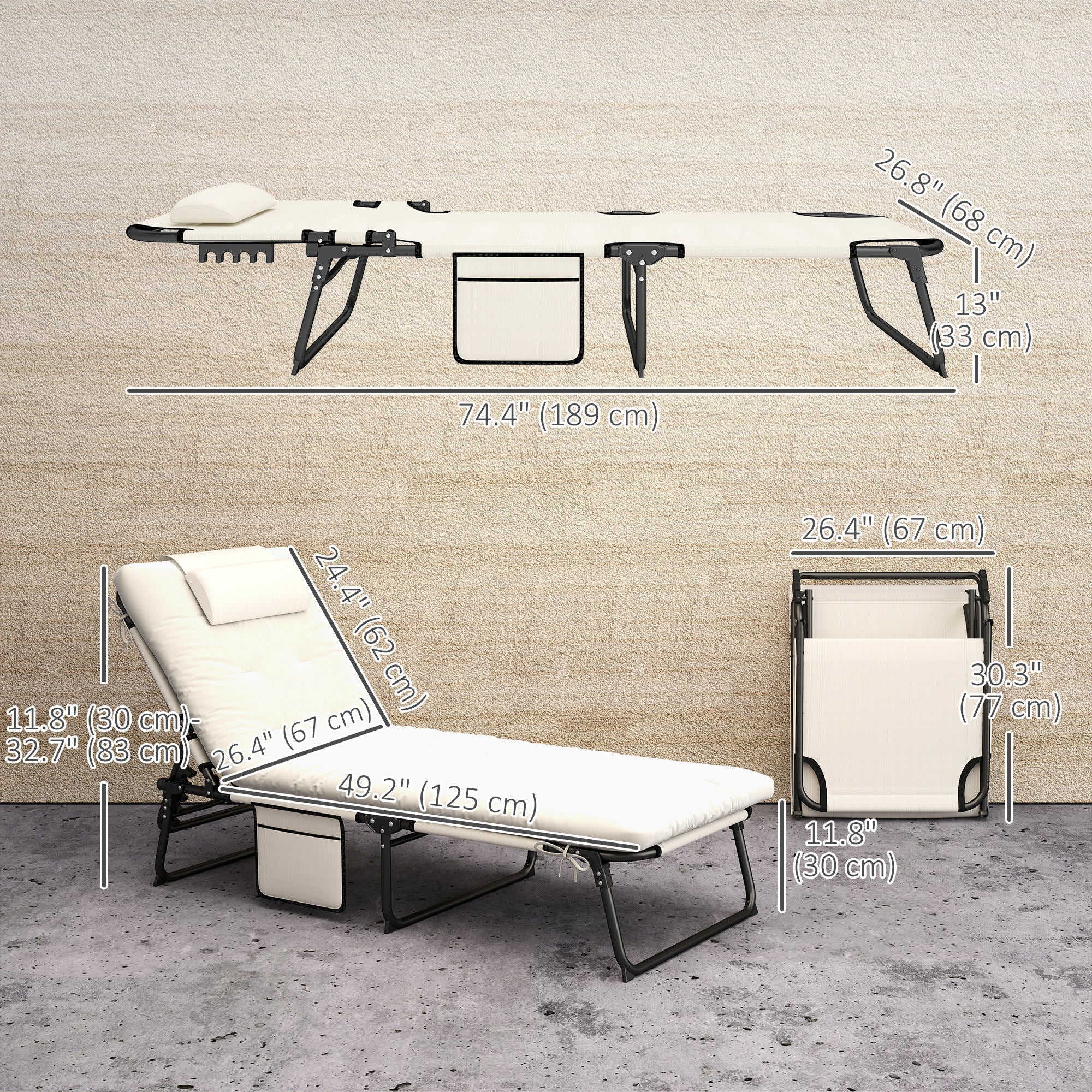 Outsunny 2-Piece Folding Lounge Chairs with Adjustable Backrest, Tanning Chair with Cushion, Side Pocket, Headrest, Beige