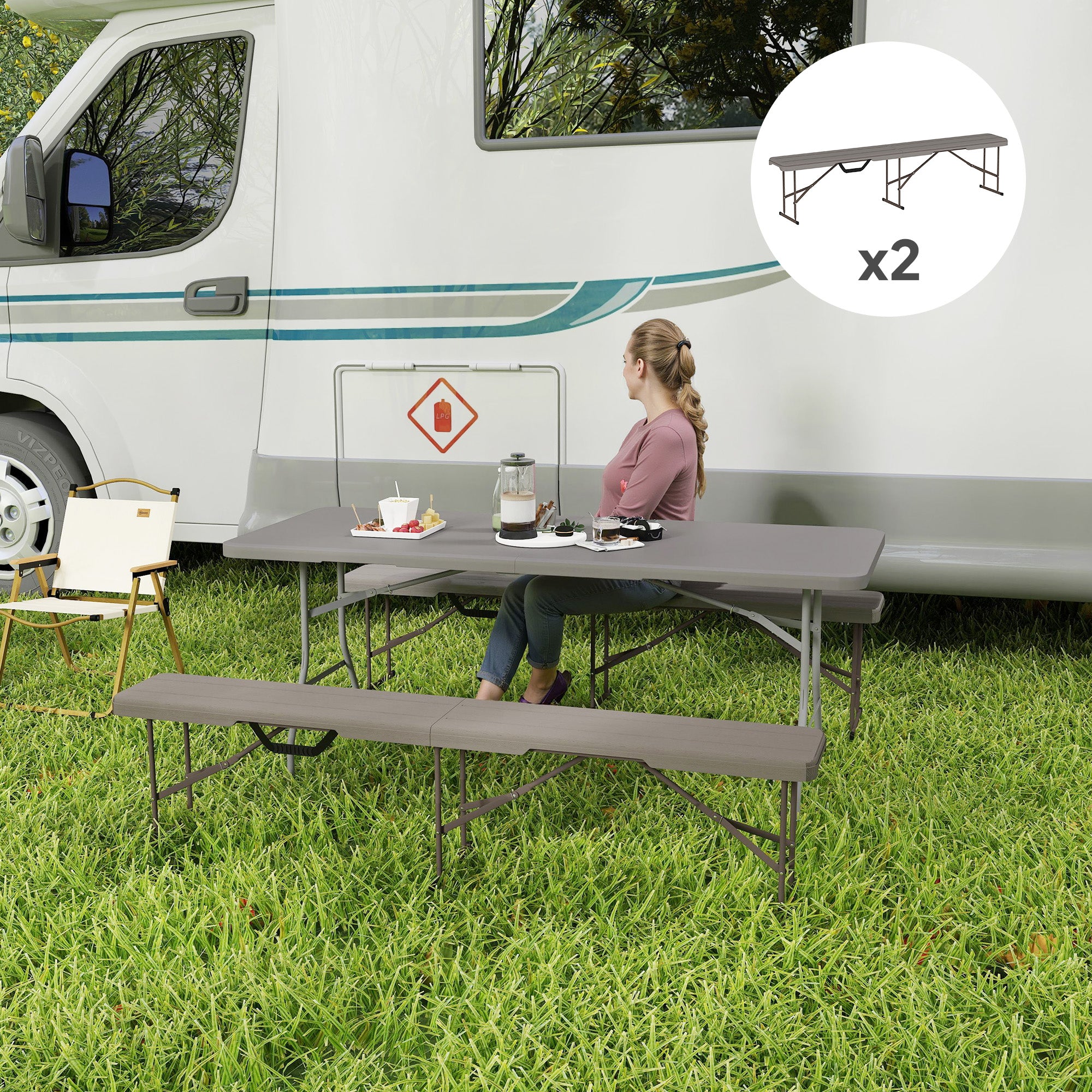 Outsunny 6 ft Plastic Bench Seat, 2 PC Portable Foldable Folding Bench with Carrying Handle for Picnic Camping, Distressed Brown
