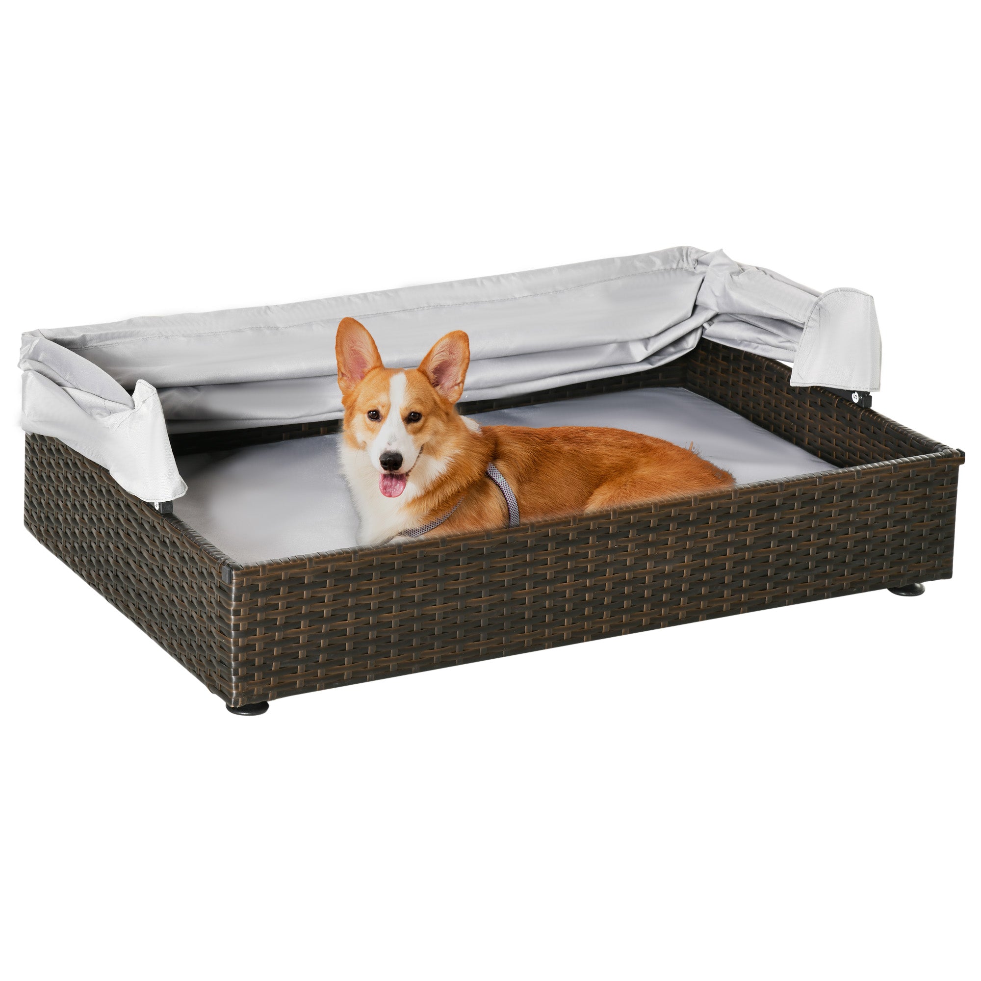 PawHut Wicker Dog House, Elevated Pet Sofa, Rattan Cat Bed, Indoor Outdoor Use, for Garden Patio with Foldable Roof, for Small or Medium-Sized Dogs, Coffee