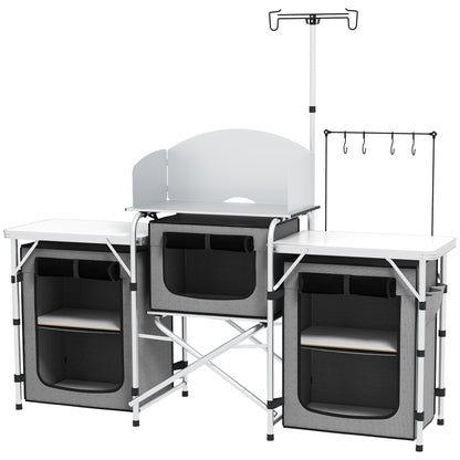 Outsunny Aluminum Camping Kitchen, Portable Folding Camping Table with Fabric Cupboards, Windshield, Bag for BBQ, Picnic, Grey