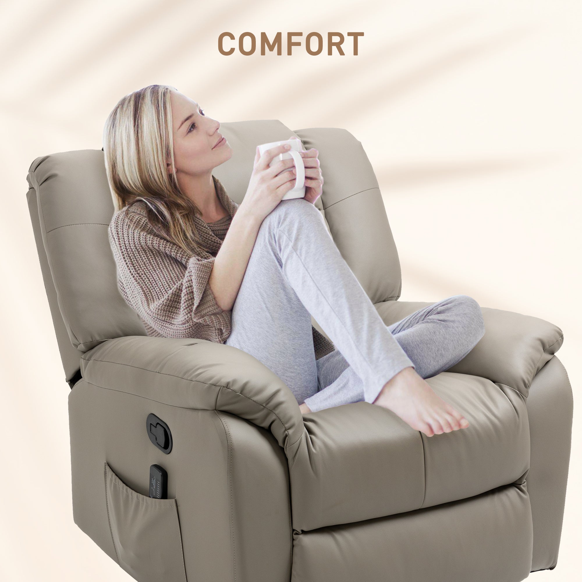 HOMCOM 8-Point Vibration Massage Recliner Chair for Living Room, PU Leather Manual Reclining Chair, Swivel Recliner with Remote Control, Rocking Function, Grey