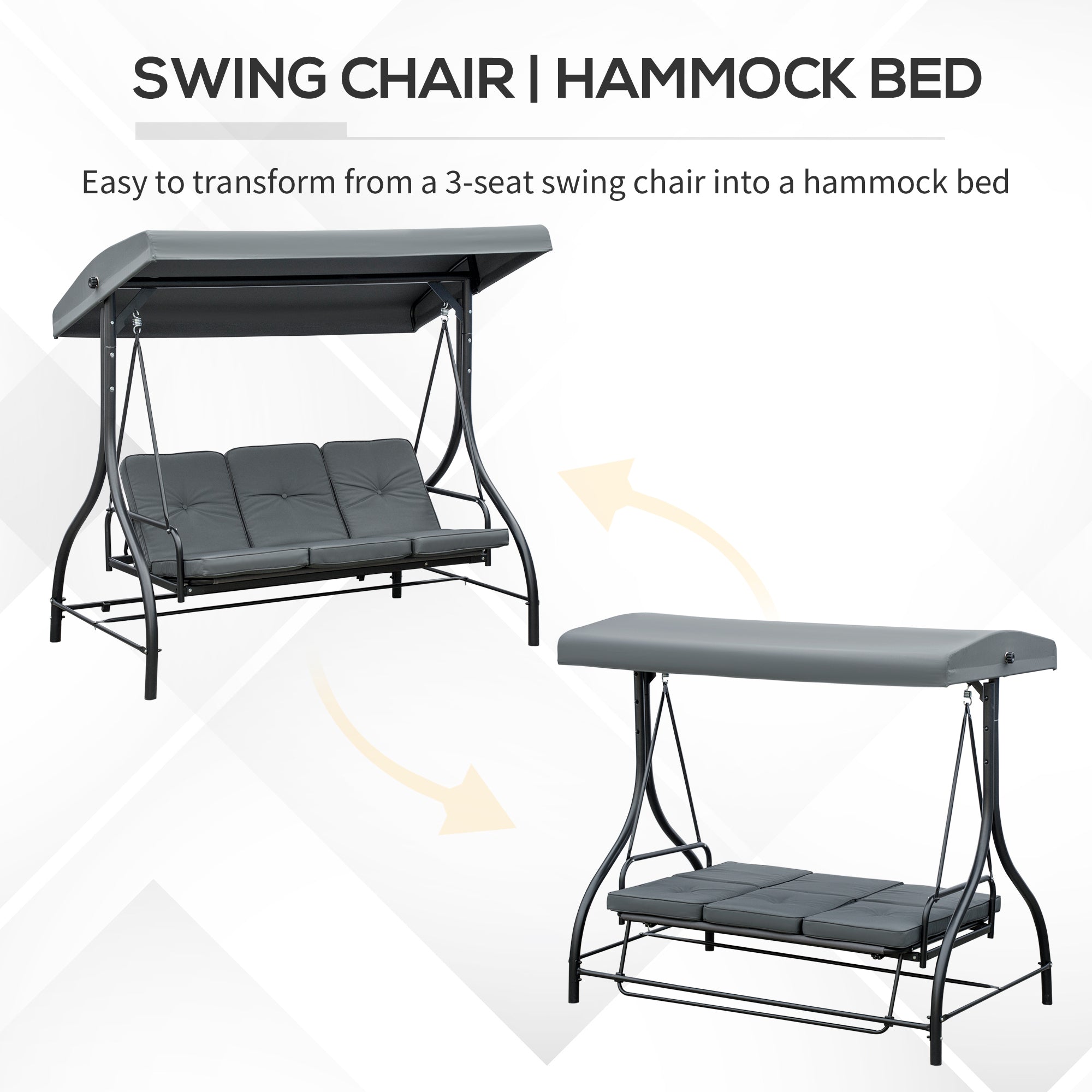 Outsunny Convertible Patio Swing Bed with Canopy and Cushions, 3 Seater Porch Swing for Outdoor, Backyard, Garden, Dark Grey