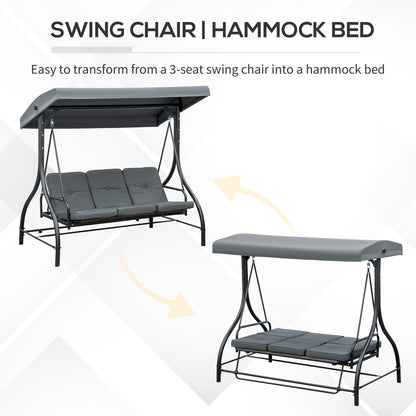 Outsunny Convertible Patio Swing Bed with Canopy and Cushions, 3 Seater Porch Swing for Outdoor, Backyard, Garden, Dark Grey