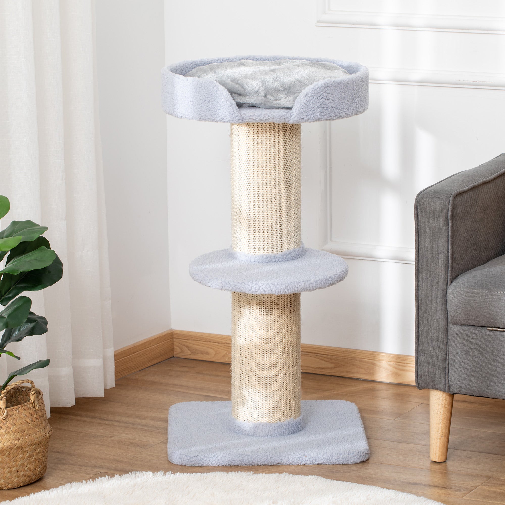 PawHut Cat Tree Kitty Tower with Sisal Mat Scratching Post, Cat Bed, Cushion, Perch, 18" x 18" x 36",  Light Blue