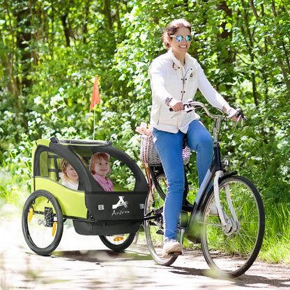 Aosom 2 Seat Bike Trailer for Kids, Baby Stroller with Storage Bag, 5 Point Harness, Bicycle Trailer with 20" Wheels, Green