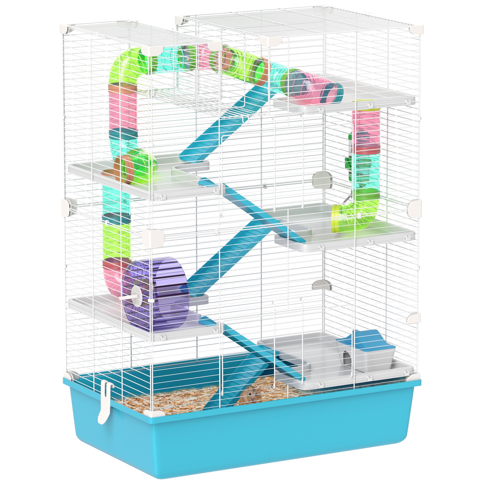 PawHut 6 Tier Hamster Cage w/ Tunnels and Tubes, Hut, Wheel, Food Dish, Water Bottle, Ramps, for Dwarf & Gerbil, Light Blue