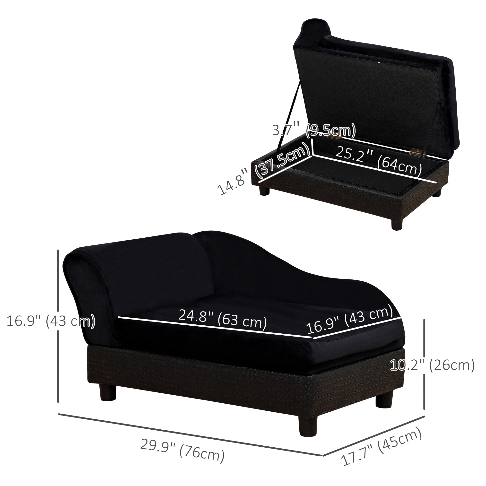 PawHut Pet Sofa Dog Couch Chaise Lounge Pet Bed with Storage Function Small Sized Dog Various Cat Sponge Cushioned Bed Lounge, Black