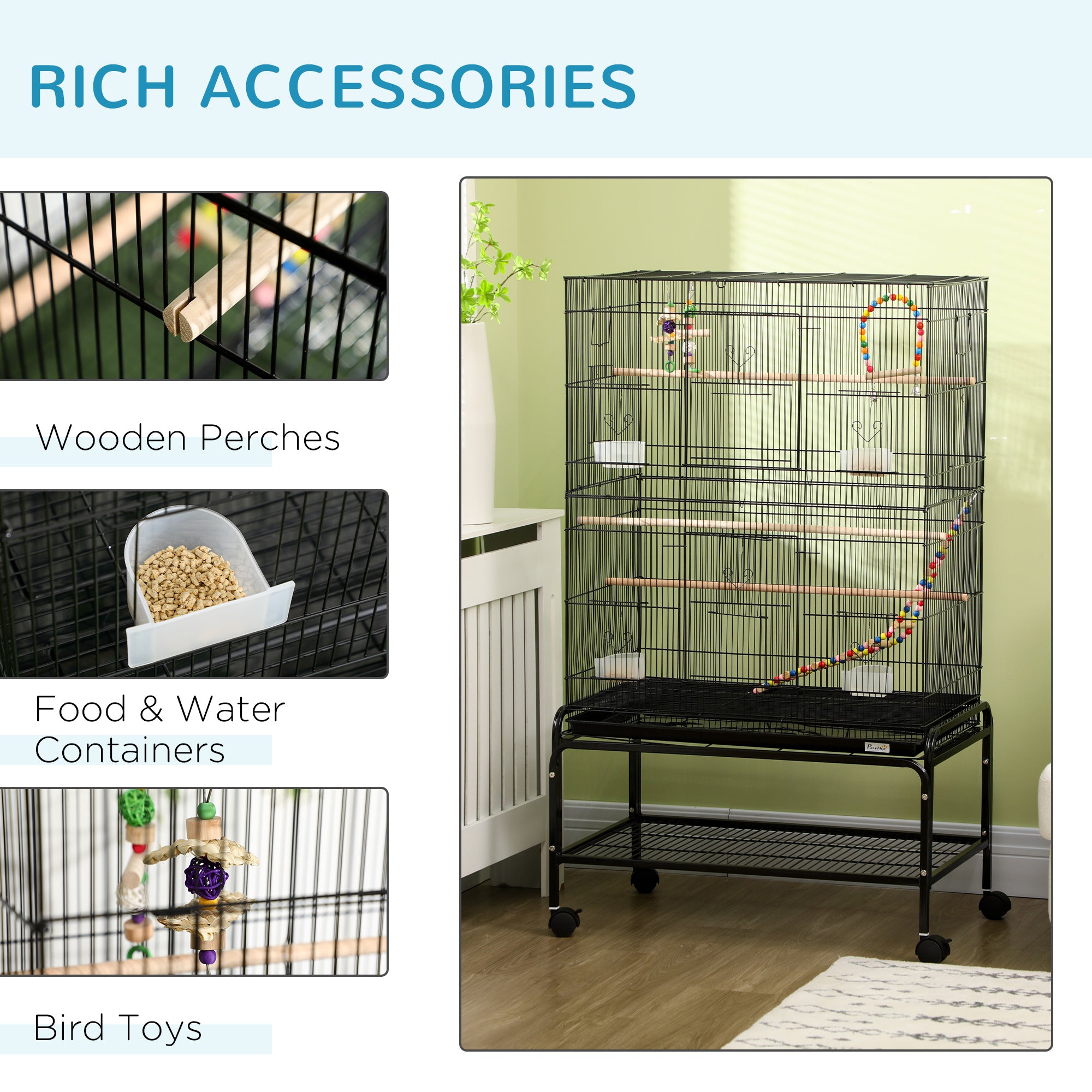 PawHut 52" Bird Cage with Rolling Stand, Toys, for Budgies Canaries Black