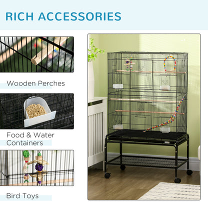 PawHut 52" Bird Cage with Rolling Stand, Toys, for Budgies Canaries Black