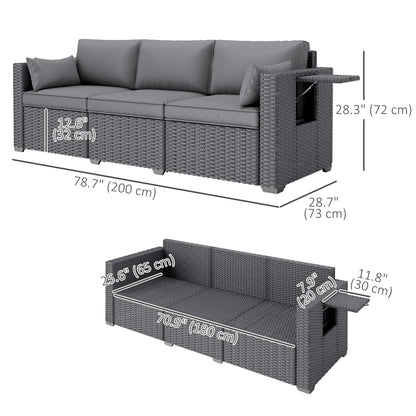 Outsunny 3 Seater Wicker Patio Sofa with Side Trays, Outdoor Couch with 6" Thick Back Cushions, Deep Seating, Grey