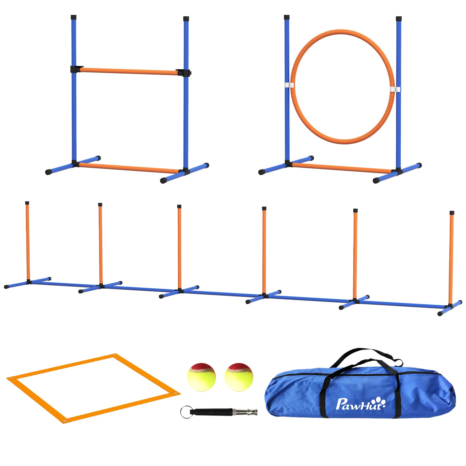 PawHut Dog Agility Training Equipment w/ Weave Poles, Adjustable Hurdle, Jump Ring, Pause Box, Whistle, Balls, Carry Bag
