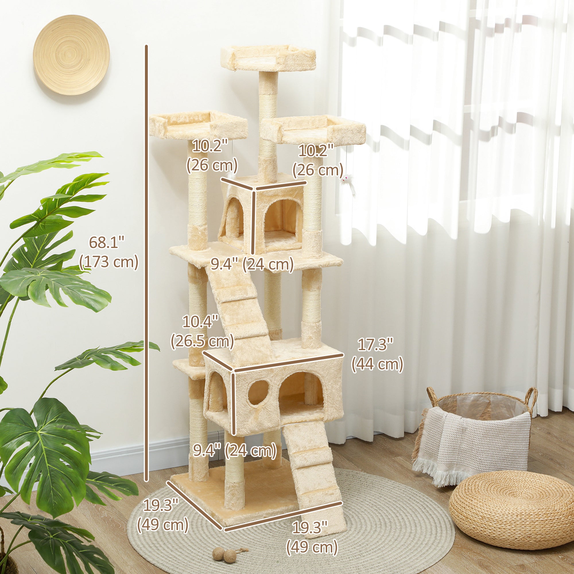 PawHut 68-inch Multi-Level Cat Scratching Tree Kitty Activity Center Post Tower Condo Pet Furniture w/ Toy Beige