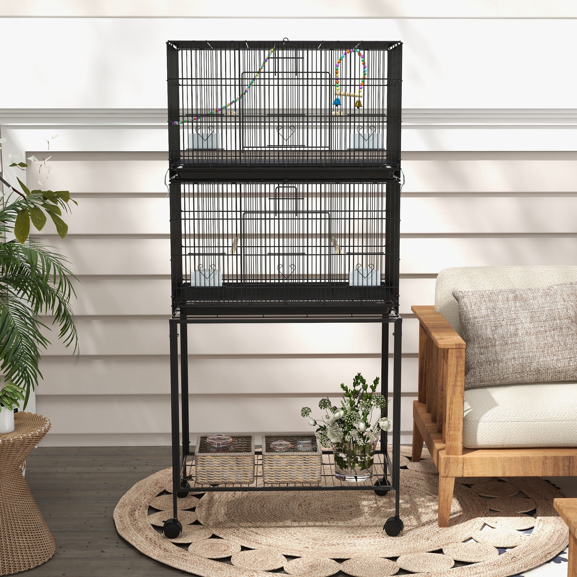PawHut 65" Birdcage for Canaries, Lovebirds Finches, Budgie Cage with Wheels, Black