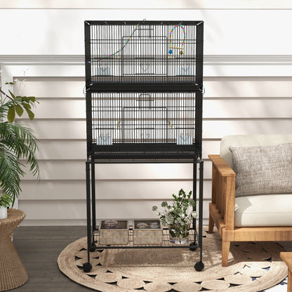 PawHut 65" Birdcage for Canaries, Lovebirds Finches, Budgie Cage with Wheels, Black