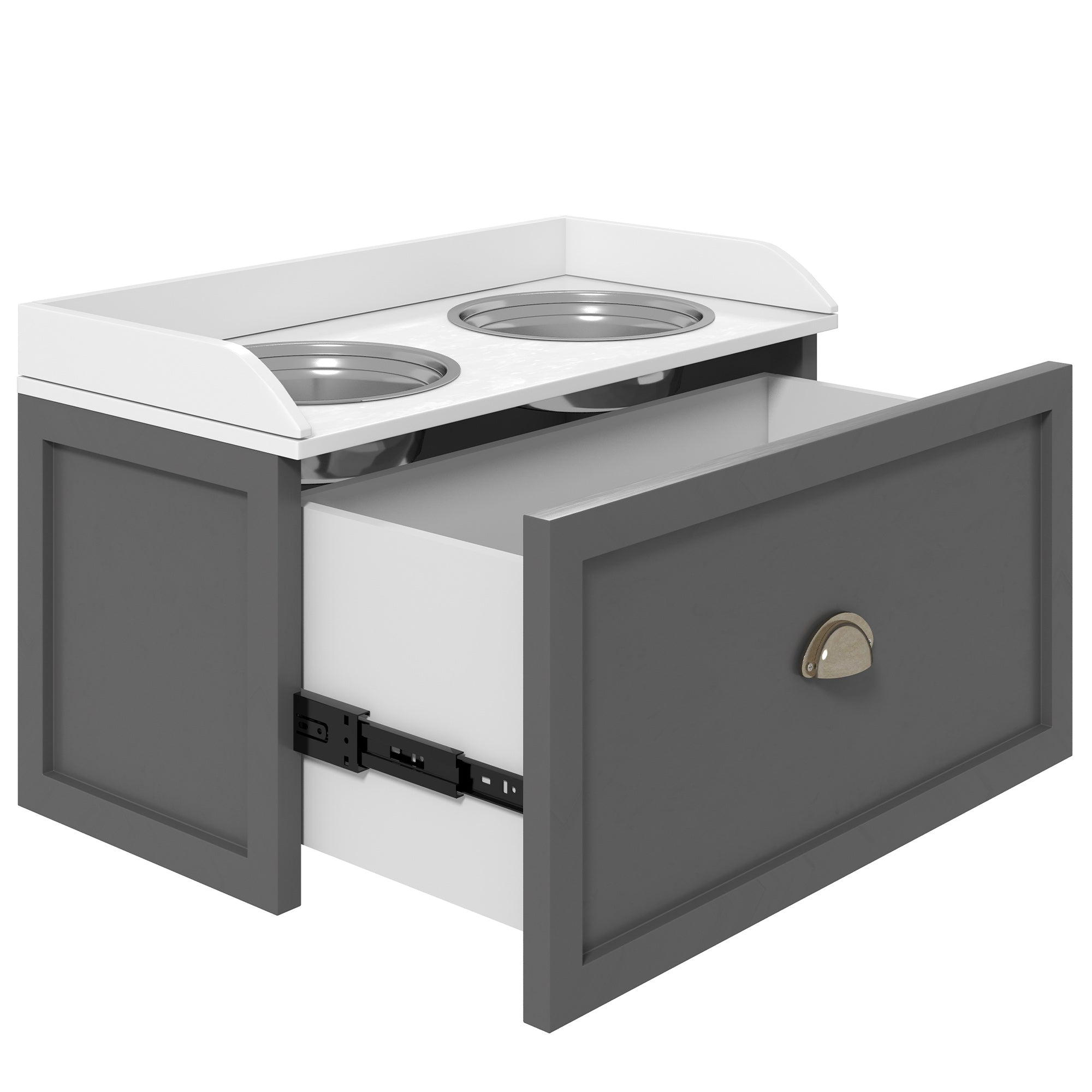 PawHut Large Elevated Dog Bowls with Storage Drawer, Raised Pet Feeding Station with 2 Stainless Steel Bowls, Grey