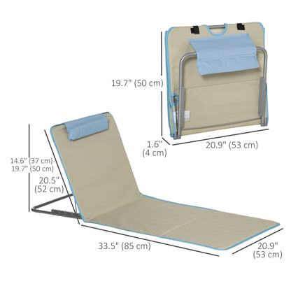 Outsunny Set of 2 Beach Lounge Chair, Folding Ground Beach Mat w/ Adjustable Back, Steel Frame, Head Pillow and Carry Bag, Beige