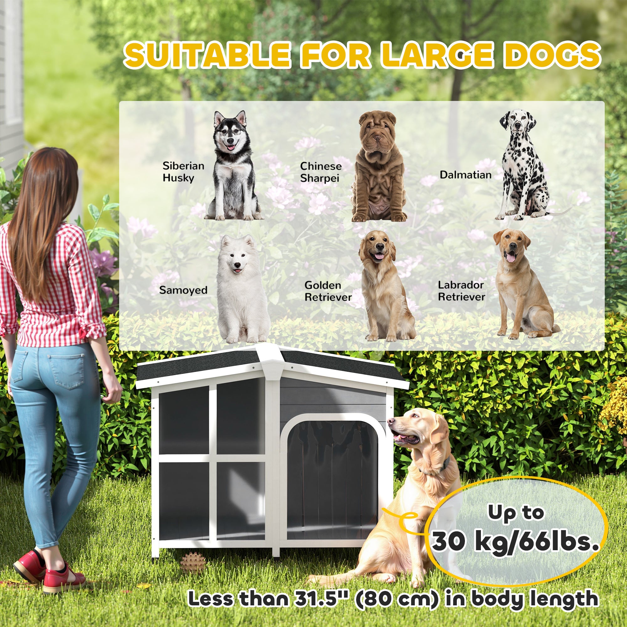 PawHut Wooden Dog House, Raised Pet Kennel with Removable Bottom, Openable Asphalt Roof, Door Curtain, Side Windows, Dark Grey