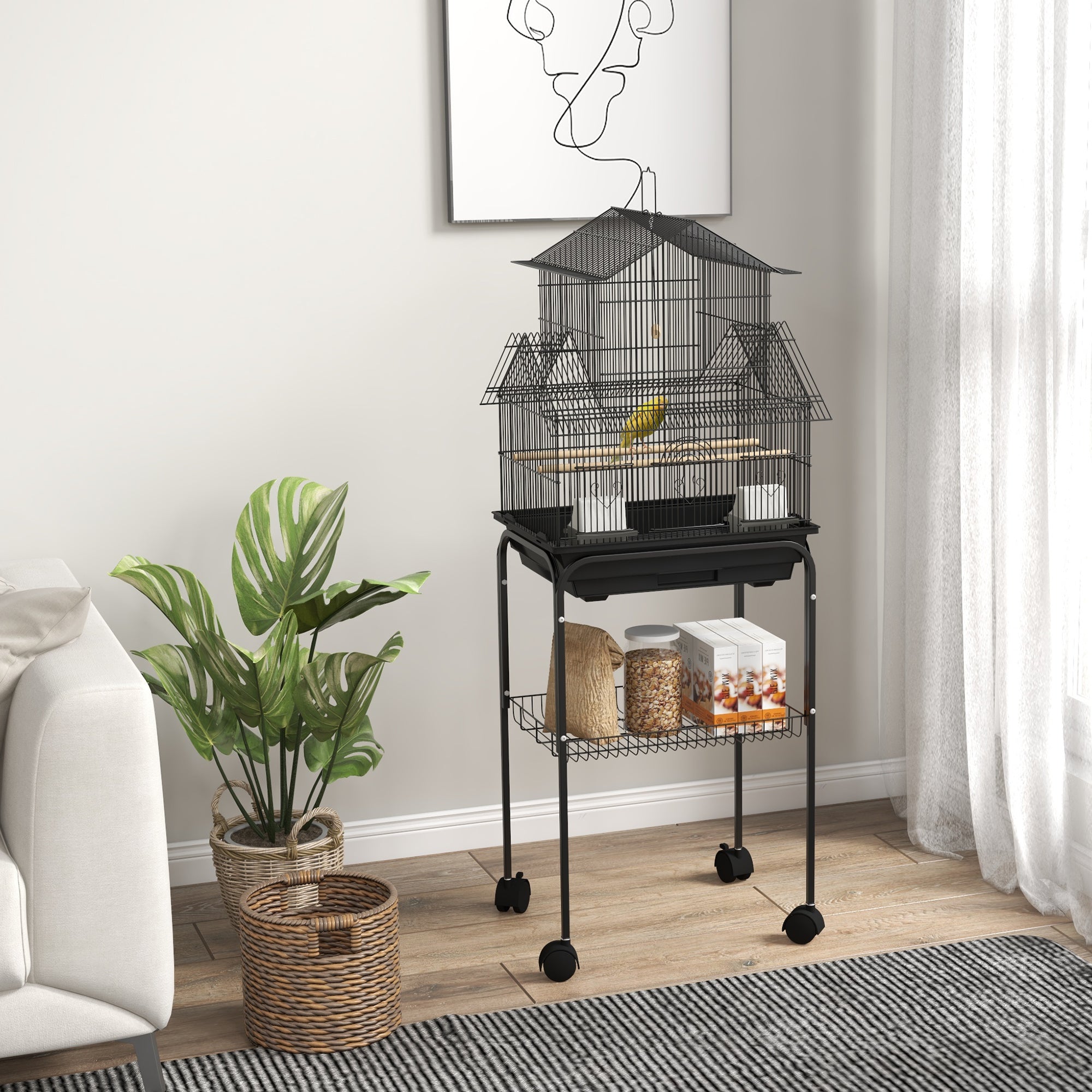 PawHut 48" Bird Cage with Perch, Swing, Food Container, Slide-out Tray, Handle, Parrot Cage for Finches, Canaries, Budgies