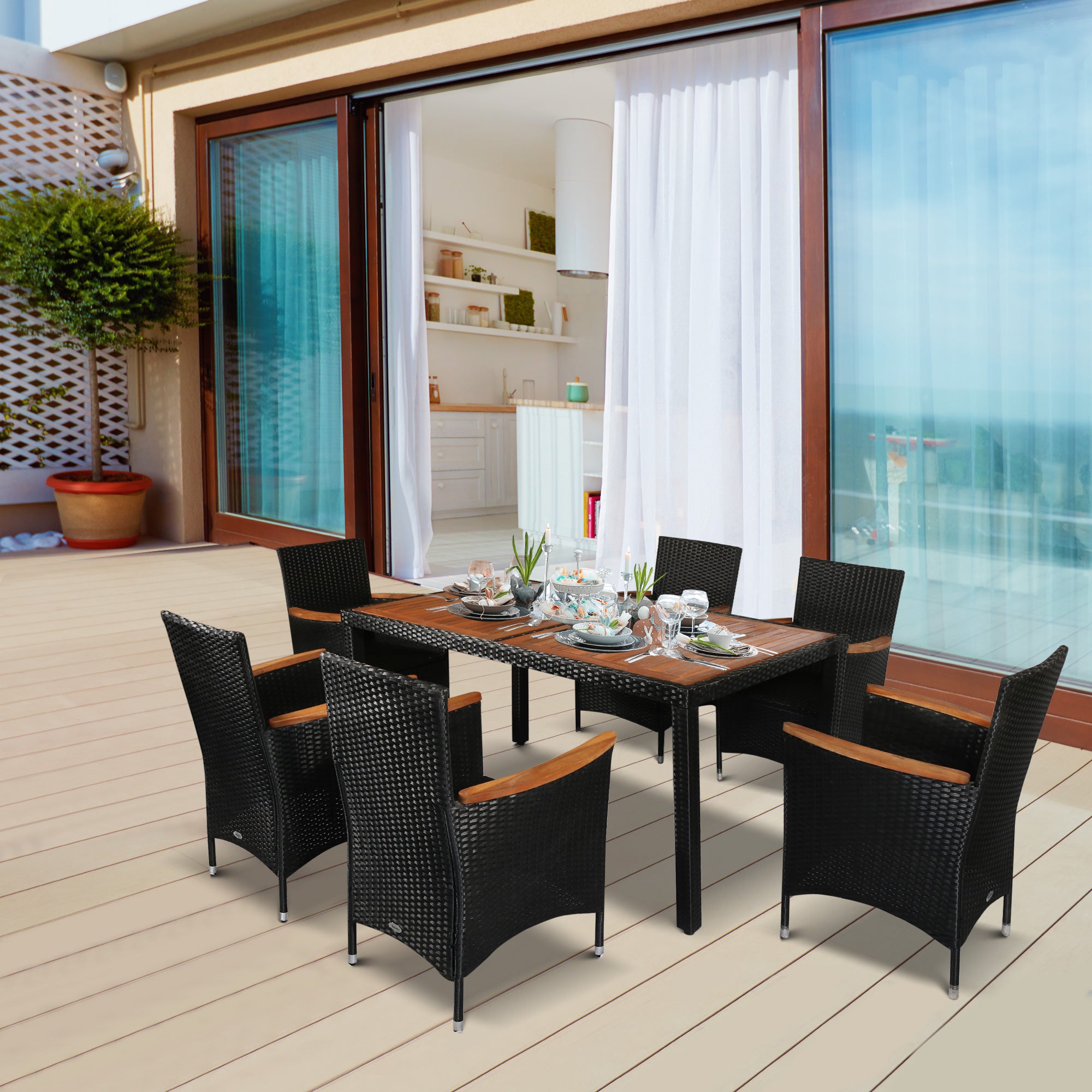 Outsunny 7 Pieces Wicker Patio Dining Set Outdoor Furniture Set with Removable Cushions, Acacia Wood Top Dining Table, PE Rattan Conversation Set for Garden Poolside, Black