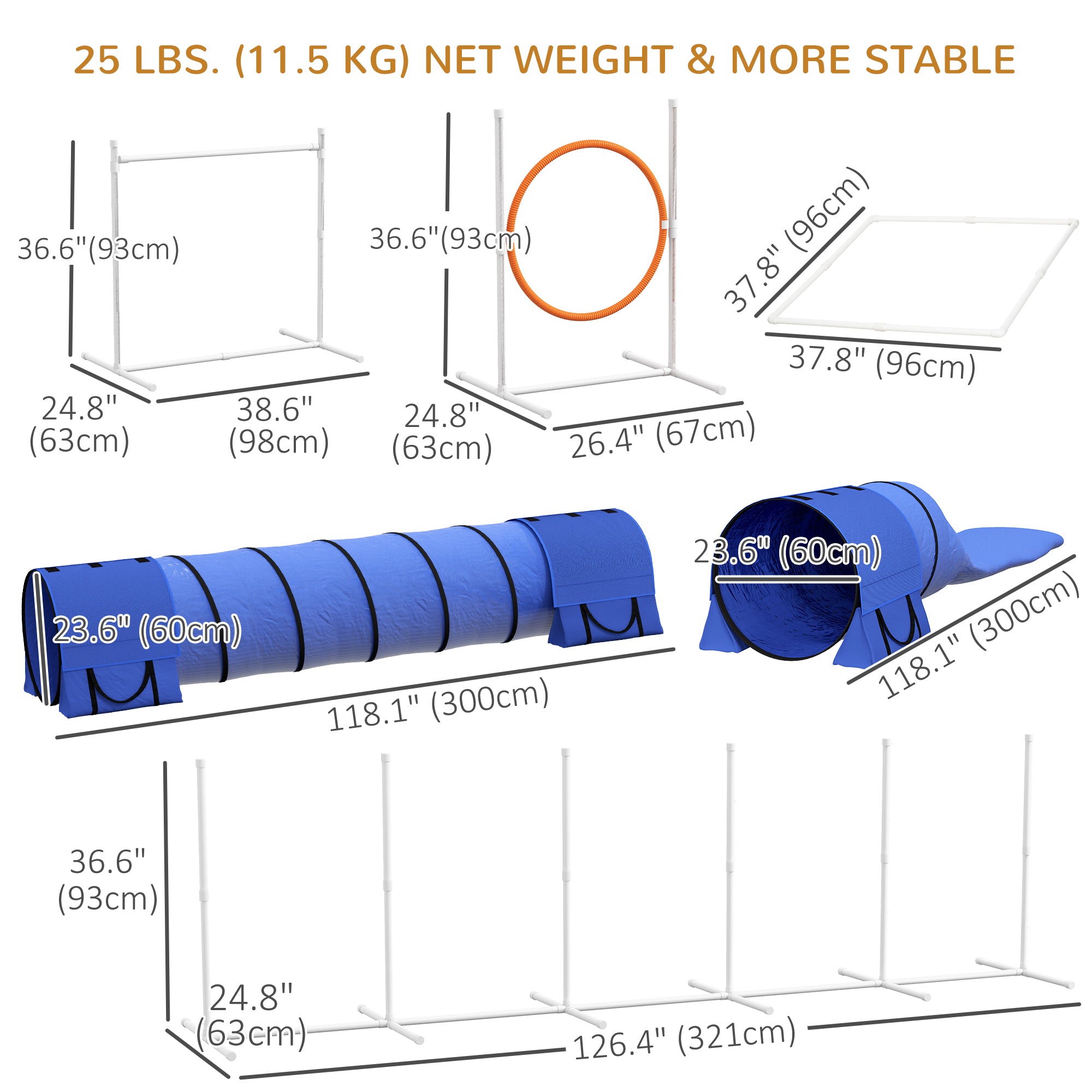 PawHut 7 Pcs Dog Agility Kit w/ Tunnels, Weave Poles, Adjustable Hurdles, Jump Ring, Pause Box, Whistle, Carry Bag, Blue