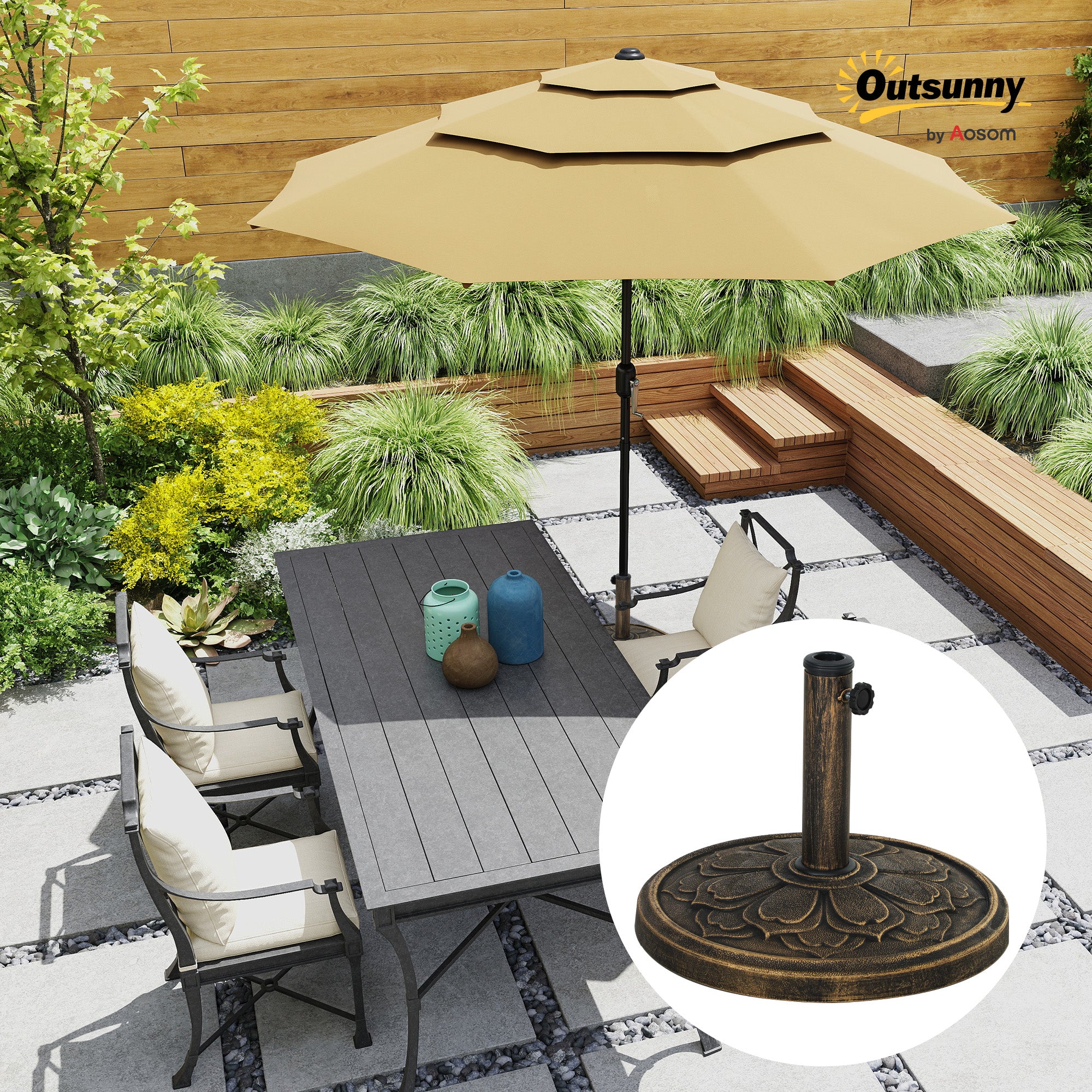 Outsunny Round Patio Umbrella Base, 26 lbs Resin Umbrella Stand Base, Outdoor Umbrella Stand for 1.3"/1.5"/1.9" Umbrella Poles for Outdoor, Lawn, Poolside, Bronze