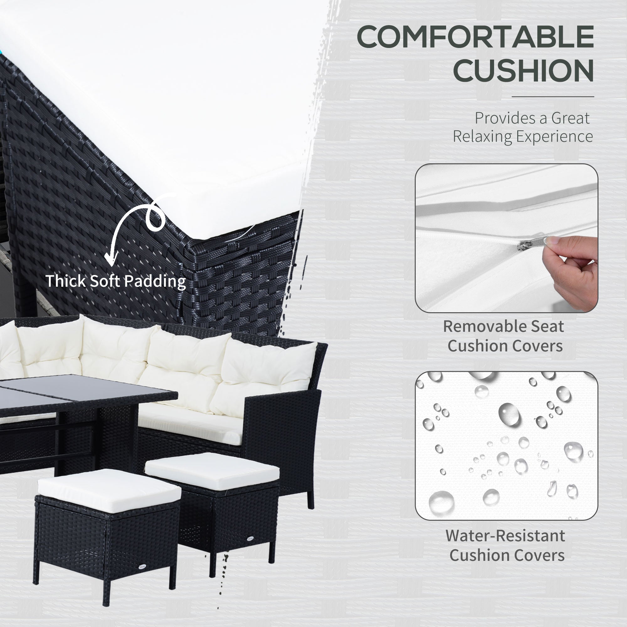 Outsunny 6pcs Outdoor Rattan Sofa Set Garden Wicker Sectional Couch Furniture Set with Dining Table and Chair White
