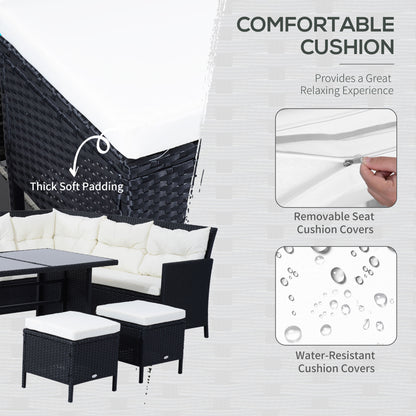 Outsunny 6pcs Outdoor Rattan Sofa Set Garden Wicker Sectional Couch Furniture Set with Dining Table and Chair White