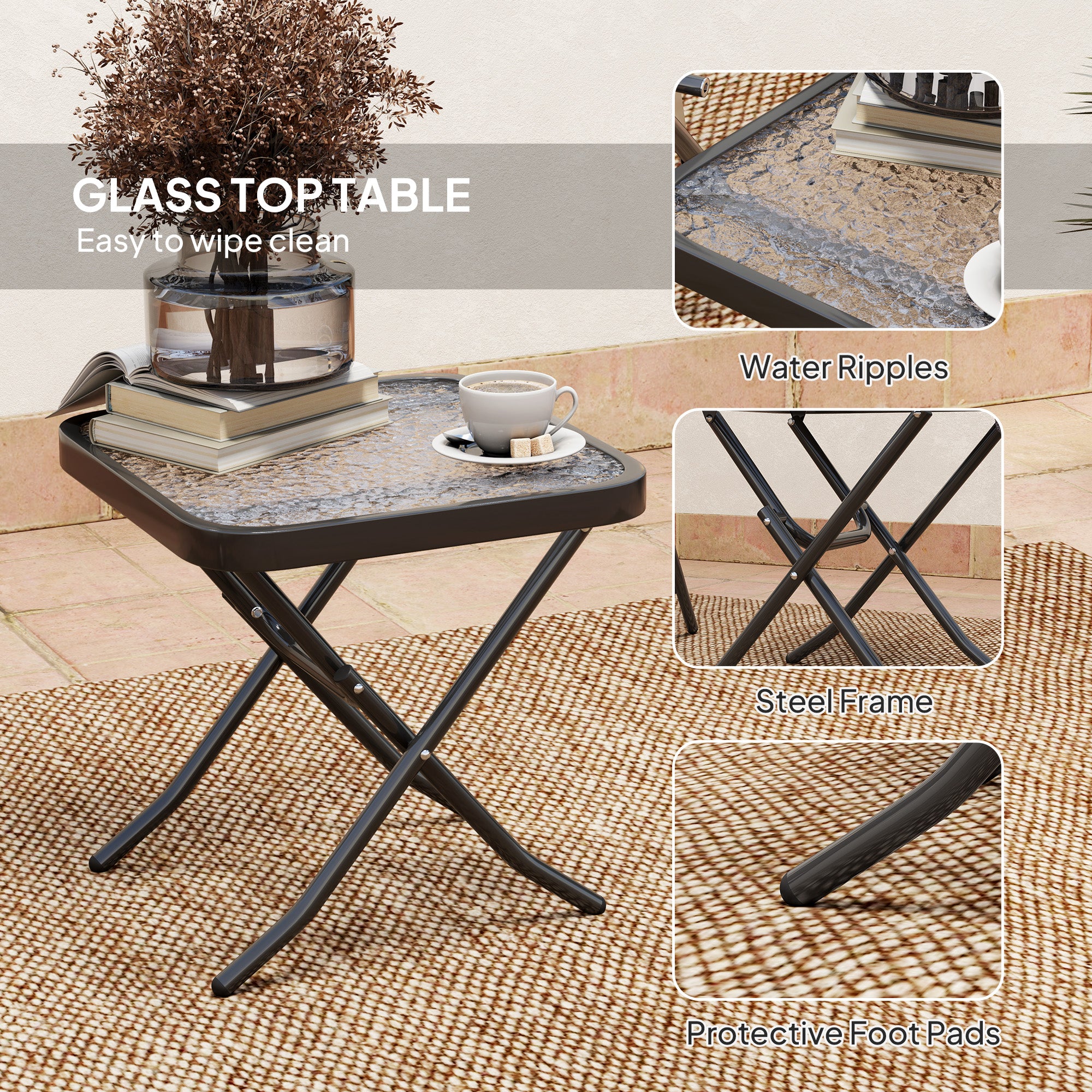 Outsunny Folding Bistro Set, Small Patio Set with Back Adjustable Chairs and Glass Top Table for Garden, Balcony, Porch, Grey