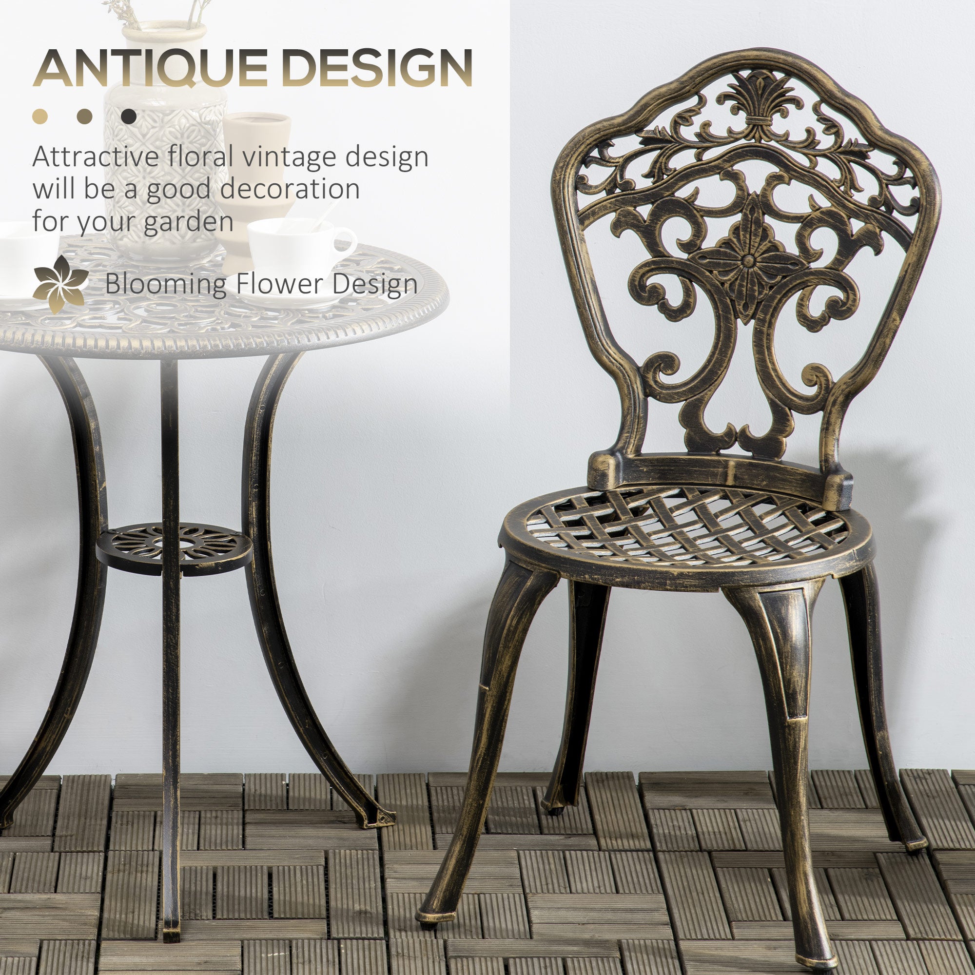 Outsunny Outdoor 3 Piece Garden Bistro Set, 2 Chairs and A Round Coffee Table with Parasol Hole for Balcony, Patio, Bronze