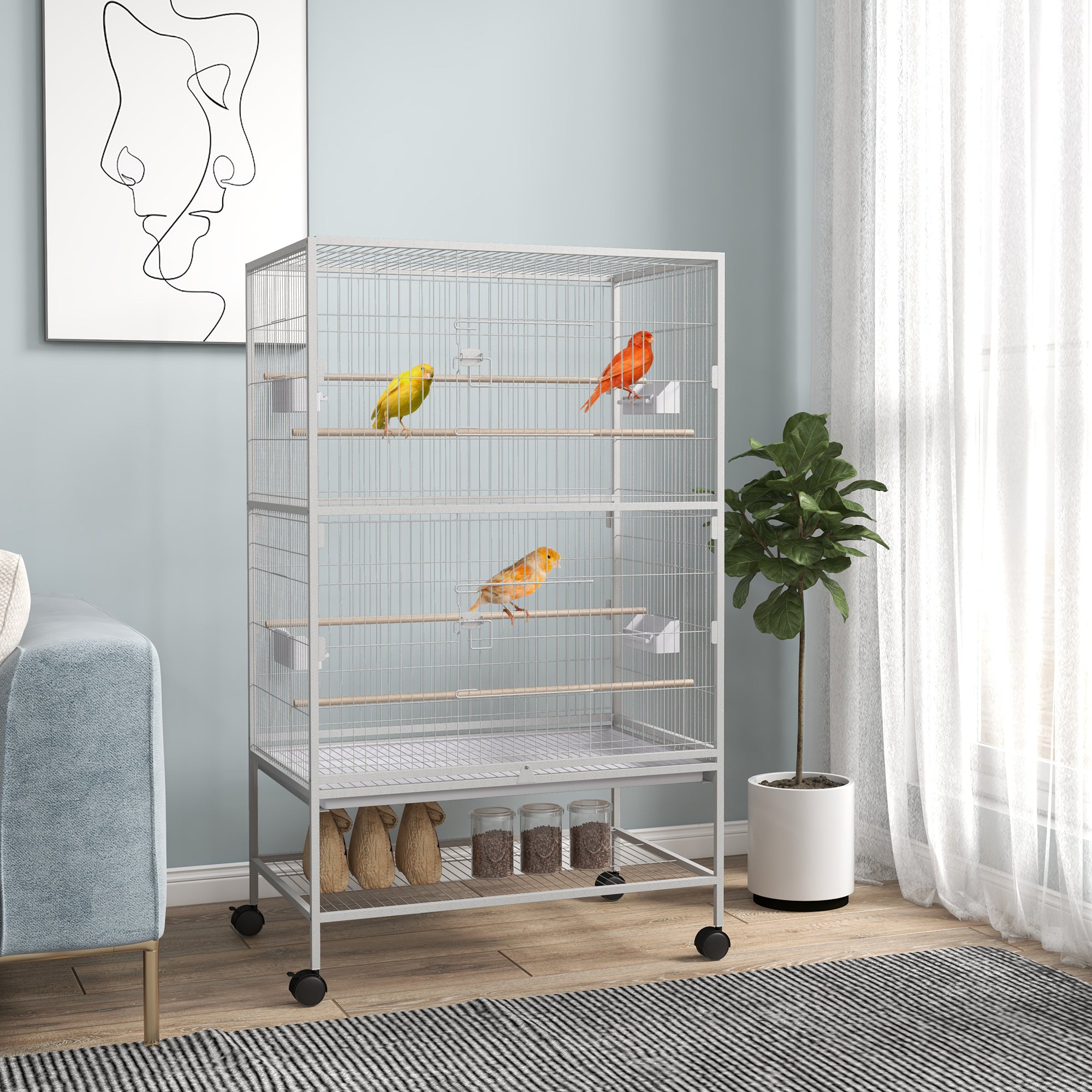PawHut 52" Large Rolling Steel Bird Cage Bird House with Rolling Stand, Storage Shelf, Wood Perch, Food Container, Grey