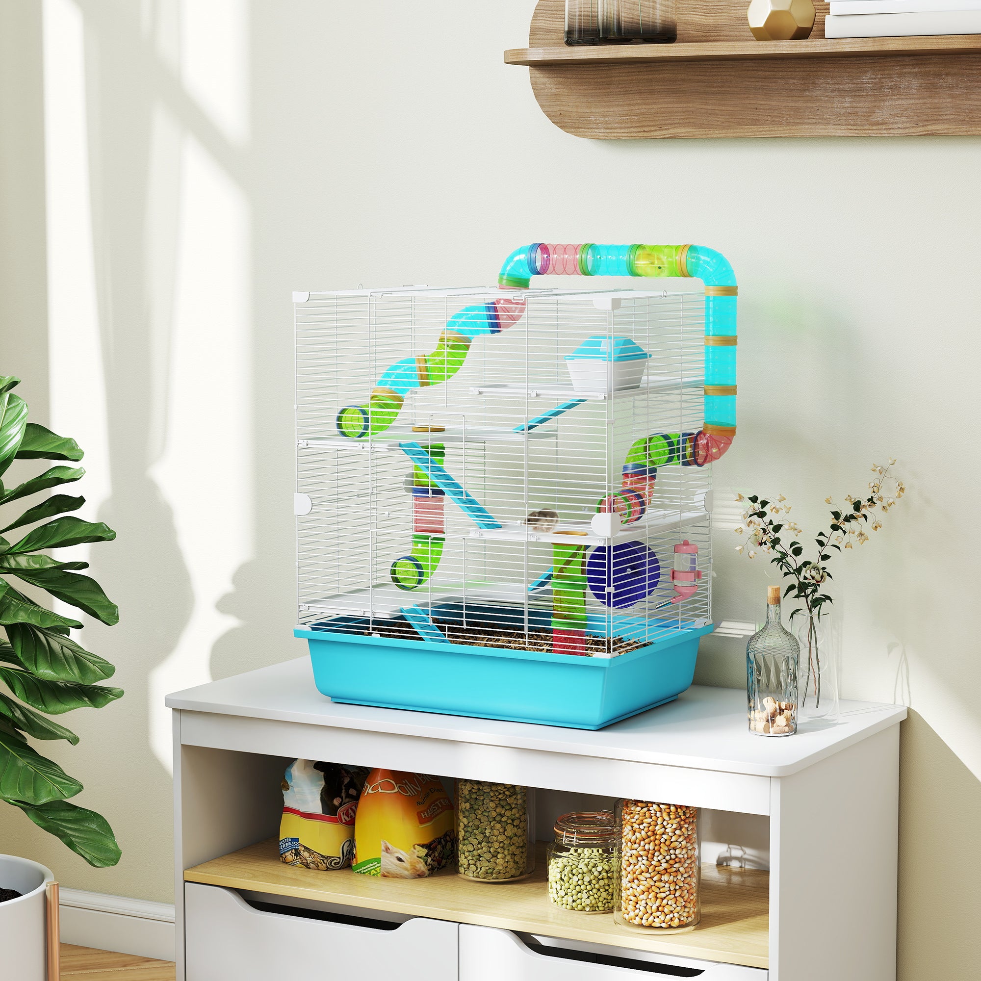 PawHut 23" Large Hamster Cage, Small Animal House, 5-Level Gerbil Haven, Tunnel Tube System, with Water Bottle, Exercise Wheel, Food Dish, Ramps, 2 Doors, Light Blue