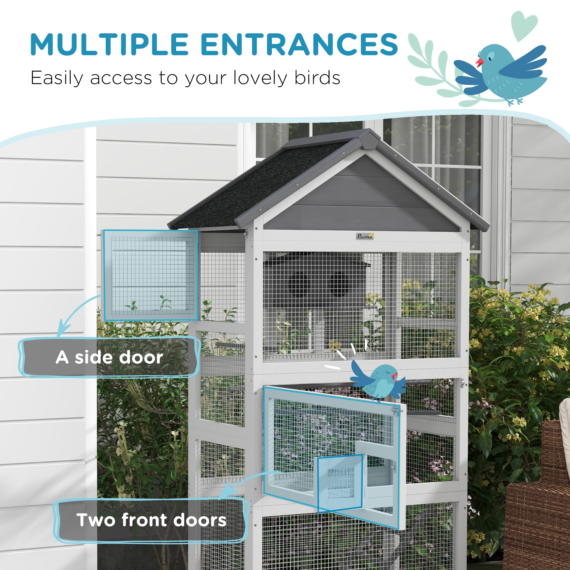 PawHut Wooden Bird Cage with Perches, Bird House, Ladder, Slide-Out Tray for Finches, Parakeets, Small Birds, Grey