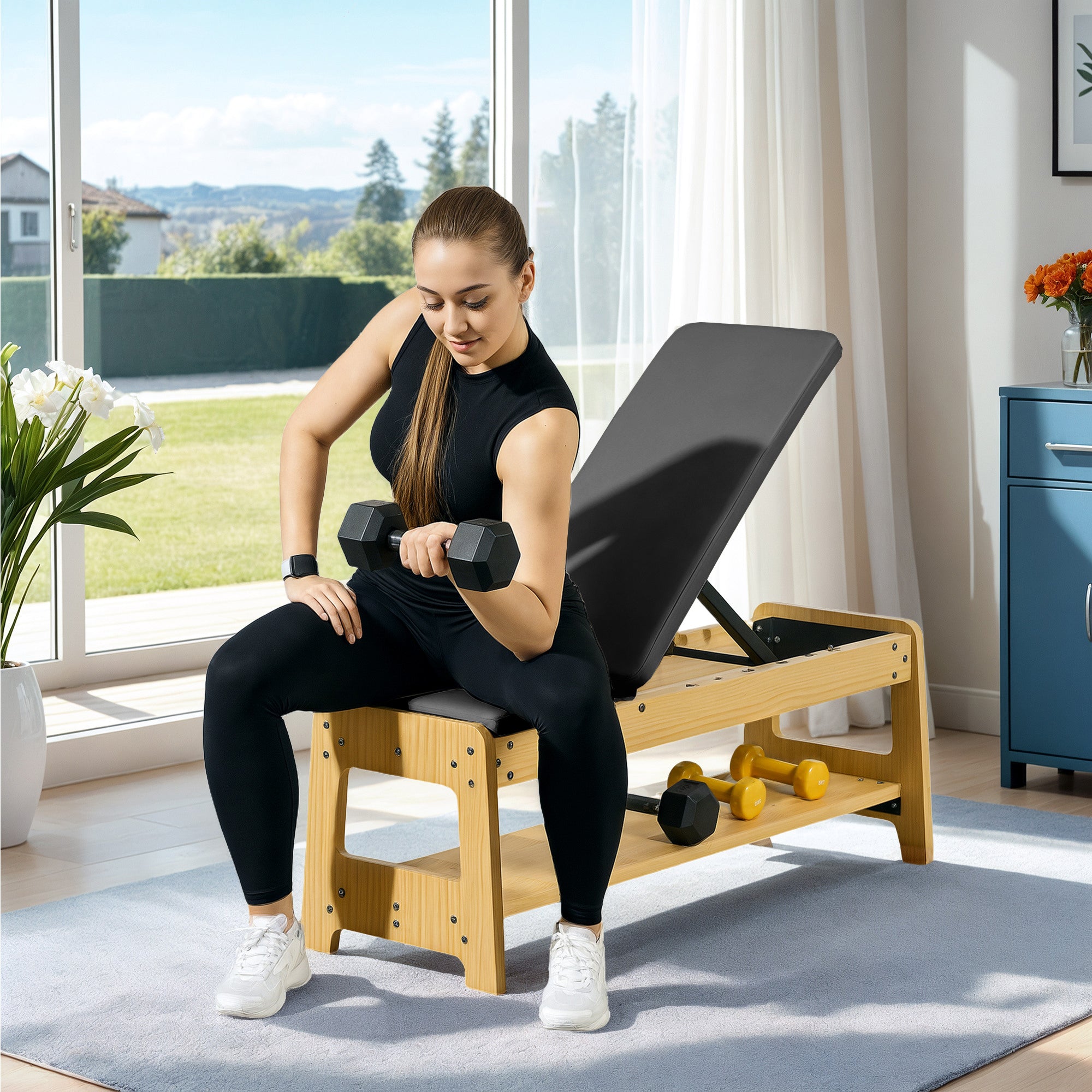 Soozier Wooden Adjustable Weight Bench with Dumbbell Storage Rack, Flat or Incline Workout Bench for Weight Lifting, Black