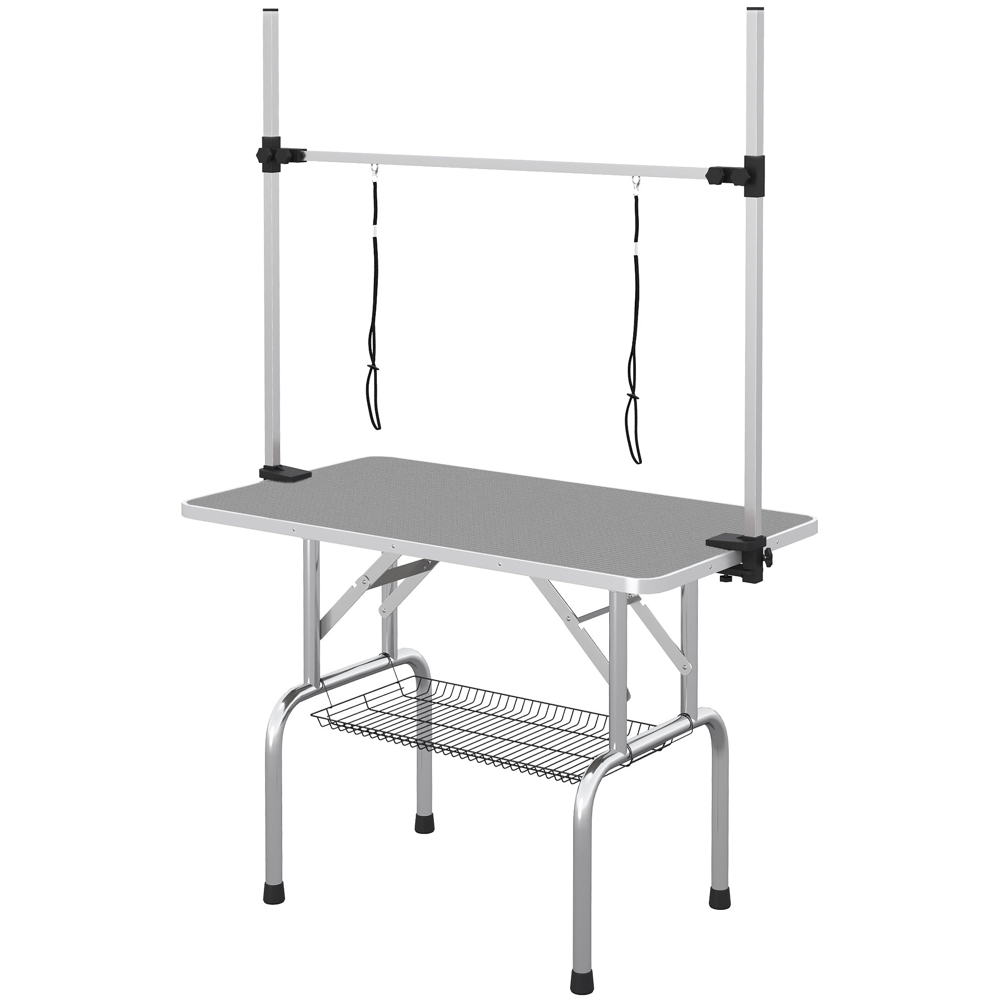 PawHut Adjustable Dog Grooming Table with 2 Safety Slings, Storage Basket, Grey