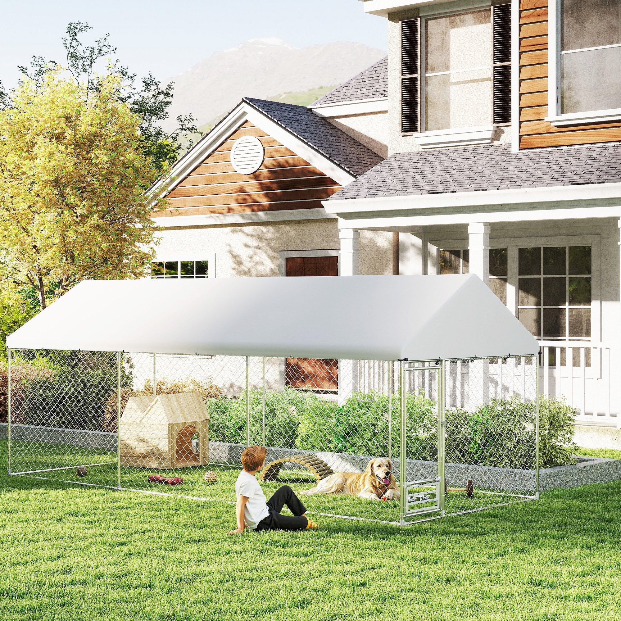 PawHut Outdoor Dog Run with Adjustable & Rotatable Bowls, Waterproof UV-Resistant Cover, Escape-Proof Lock, 19.7' x 7.5' x 7.5'